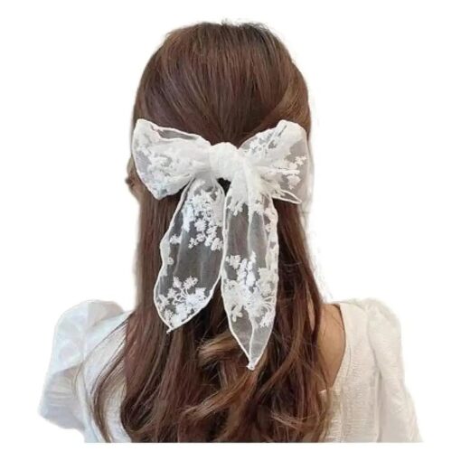 Large White Lace Hair Bow Clips for Women Cottagecore Hair Accessories Cute Tulle Bow Barrettes Women Ribbon Bows for Baby Girls Hair Bridal Off White