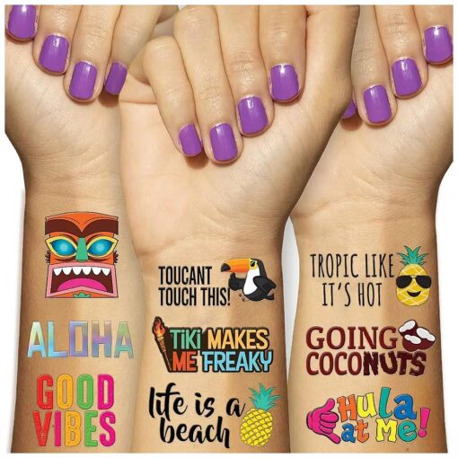 Luau Theme Temporary Tattoos - Hawaii - Aloha -Tropical - Tiki - Summer Themed Beach and Pool Party Decoration, Favors & Supplies multicolor