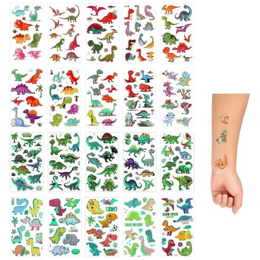 SAVITA 20 Sheets Kids Temporary Tattoos, Luminous Dinosaur Tattoo Stickers Waterproof Cartoon Fake Tattoos for Kids Toddlers Boys Dinosaur Birthday Party Favors Supplies