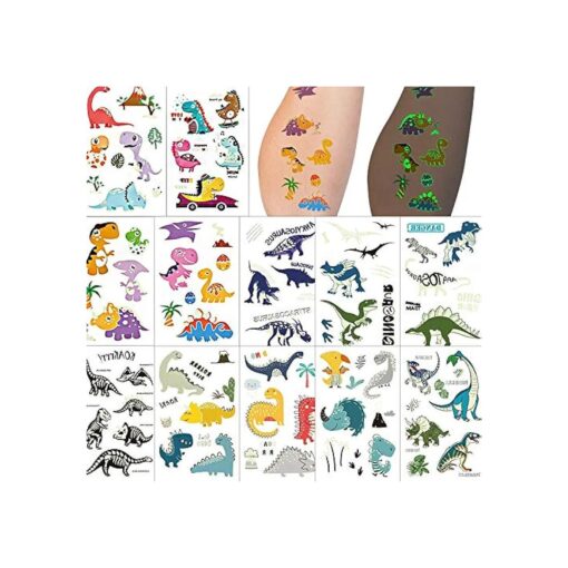 Dinosaur Temporary Tattoos Glow in the Dark Birthday Party Favors Stickers for Kids Boys Girls, 12 Pack Luminous Dino Body Art Gift T-rex Decorations