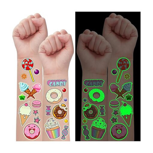 Partywind 145 Luminous Styles Donut Party Supplies Temporary Tattoos for Kids, Glow Donut Ice Cream Birthday Party Decorations Favors for Girls, Donut Themed Tattoo Stickers with Cupcake Candy