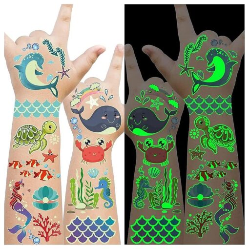 Luminous Underwater Sea Birthday Party Decorations, 145 Styles Glow Temporary Tattoos for Kids, Under Sea Ocean Beach Pool Party Supplies Favors, Sea Animals Tattoo Stickers - 12 Sheets