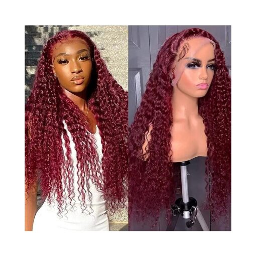 99j Burgundy Deep Wave Lace Front Wigs for Black Women Human Hair Pre Plucked Red Colored Deep Curly HD Lace Frontal Human Hair Wig ( 30 Inch )