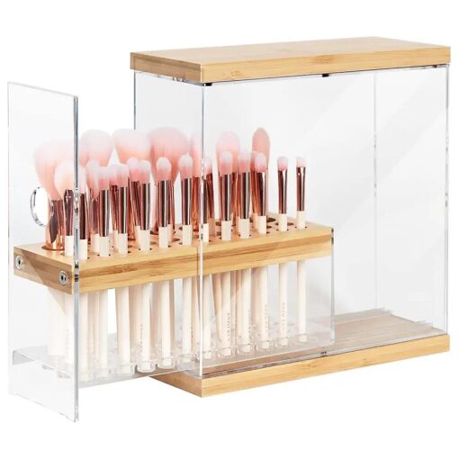 JACKCUBE DESIGN Transparent 29 Holes Bamboo Makeup Brush Holder Organizer Beauty Cosmetic Display Stand with Transparent Drawer ( Transparent, 8.77 x 3.38 x 8.46inches ) - : MK228C