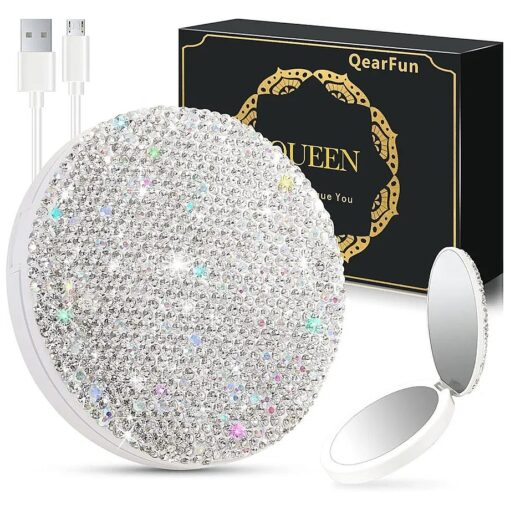 QearFun Luxurious Rhinestone LED Lighted Compact Mirror, Bling Portable Travel Makeup Mirrors,3.5 inch Rechargeable Mini Magnifying Pockets Mirror, Sparkly Beauty for Women, Wedding Favors for Guests