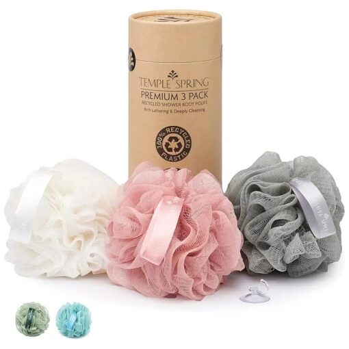 Temple Spring Shower Loofahs 3 Pack - Natural Recycled Shower Puffs for Body Set for Men and Women - Loofah Exfoliating Body Scrubber, Bath Poufs or Shower Scrunchie - Coral Pink