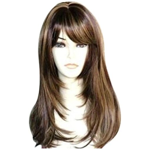 Kalyss Brown with Highlights Yaki Synthetic Women 's Wig With Hair Bangs Centre Parting Long Straight Layered Heat Resistant Synthetic Hair Wig for Women ( brown with highlights color )