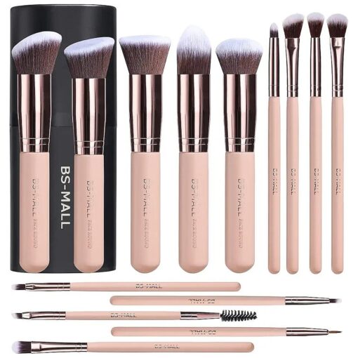 BS-MALL Makeup Brushes Premium Synthetic Foundation Powder Concealers Eye Shadows Makeup 14 Pcs Brush Set, Pink Set, with Case