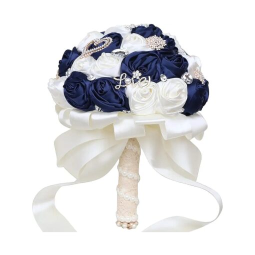 Navy Blue Ivory Bridal Bouquet Big Rhinestones Silk Hold Bouquet Diamond Brooch Bride Wedding Bouquet Navy Ivory for Marriages