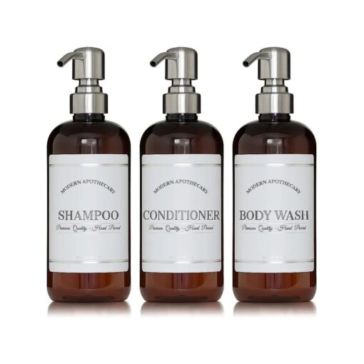 Amber Refillable Shampoo and Conditioner Bottles - Body Wash, Shampoo and Conditioner Dispenser - PET Plastic Shampoo Bottles Refillable with Pump - Waterproof Labels - 16 oz, 3 Pack ( Stainless Steel )