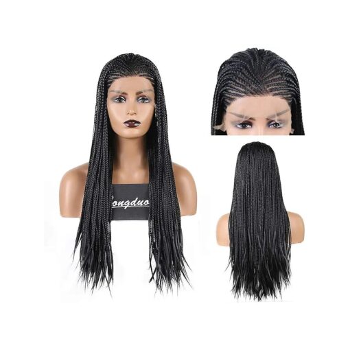 RDY Long Black Braiding Hair Synthetic Lace Front Wigs for Women Micro Braided Box Braids Wig with Side Part Natural Looking Replacement Wig ( 24Inches,180 % Density, # 1B )