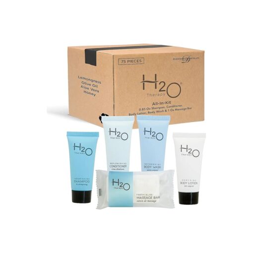 H2O Therapy Hotel Soaps and Toiletries Bulk Set | 1-Shoppe All-In-Kit Amenities for Hotels & Airbnb | .85oz Hotel Shampoo & Conditioner, Body Wash, Body Lotion & 1 oz Bar Soap Travel Size | 75 Pieces