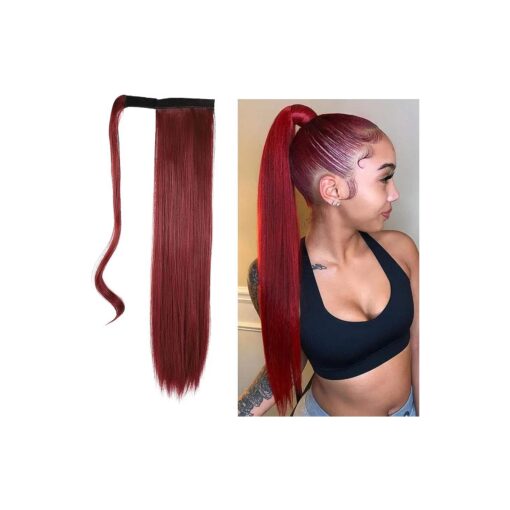 Gangel Ponytail Hair Extension Straight Pony Tails Wrap Around Hairpiece Claw Synbthetic Clip in Long Hair Extensions Magic Drawstring Pony Tail Hair Wraps ( 1 pc ) ( Wine Red Burg )