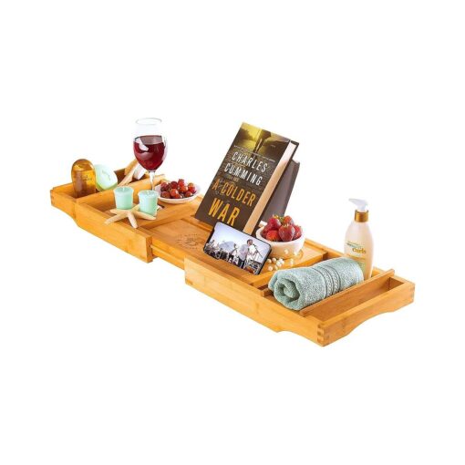 Luxury Bamboo Bathtub Tray Caddy - Expandable and Nonslip Bath Caddy with Book/Tablet and Wine Glass Holder - Gift for Him or Her