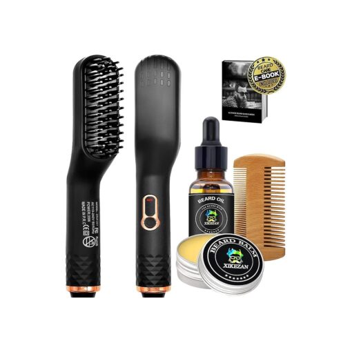 Beard Straightener w/Beard Balm & Beard Growth Oil & Beard Guide E-Book, Upgraded 3 in 1 Hair Straightener Brush Beard Straightening Comb, Unique Stocking Stuffers Gifts for Men Women Him