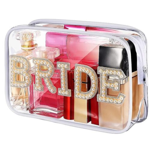 LEIFIDE Bride Bag Clear Makeup Bag Bride Gift Cosmetic Bag Mrs Pearl Bags Bride Toiletry Bag Wifey Makeup Pouch Rhinestone Letter PVC Cosmetics Bag Travel Case Bride Purse Portable Bag ( BRIDE Style )