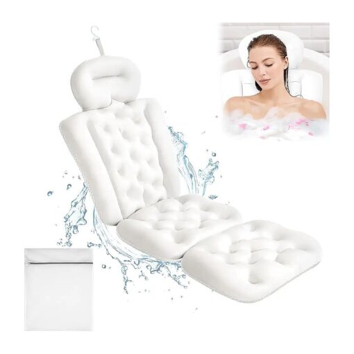 Luxury Full Body Bath Pillow for Bathtub, Bath Pillows for Tub with Mesh Laundry Bag & Non-Slip Suction Cups, Cushion for Bathtub Headrest Neck Back Support - 5D Air Mesh & Quick Drying | White