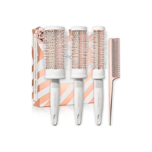 Round Brush Set for Women - Luxury Hair Brushes - Blowout Round Barrel Hairbrush for Blow Drying with Tail Comb by Lily England ( White & Rose Gold )