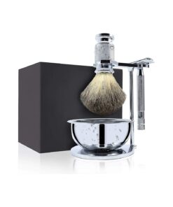 Jolitac Wet Shaving Kit For Men - Badger Hair Shaving Brush, Shaving Stand, Stainless Steel Shaving Bowl Mug, Double Edge Safety Razor, Men 's Safety Razor Grooming Gift Set ( Silver )