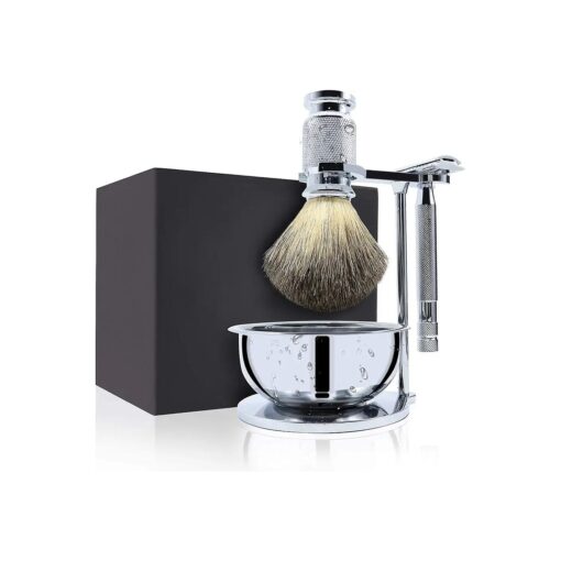 Jolitac Wet Shaving Kit For Men - Badger Hair Shaving Brush, Shaving Stand, Stainless Steel Shaving Bowl Mug, Double Edge Safety Razor, Men 's Safety Razor Grooming Gift Set ( Silver )