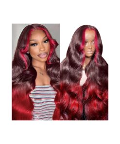 haha Red Pink Ombre Wig Human Hair 99J Burgundy Highlight Lace Front Wig Pre Plucked Body Wave Pink Skunk Stripe Wig Human Hair Colored 13x4 Transparent Lace Frontal Wig Glueless 150 % Density 20 Inch