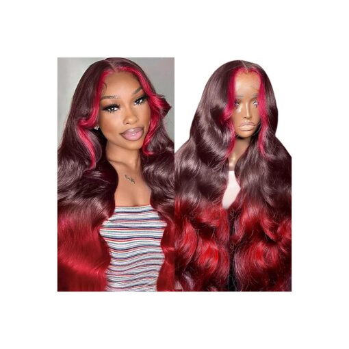 haha Red Pink Ombre Wig Human Hair 99J Burgundy Highlight Lace Front Wig Pre Plucked Body Wave Pink Skunk Stripe Wig Human Hair Colored 13x4 Transparent Lace Frontal Wig Glueless 150 % Density 20 Inch