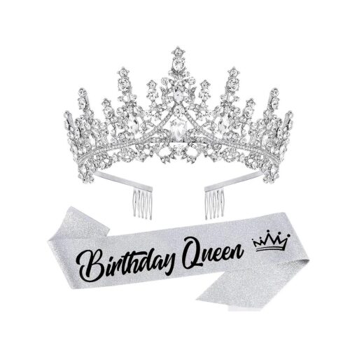 VELSCRUN Silver Crystal Birthday Queen Tiara Crowns for Women Girls Birthday Queen Headband Sash Elegant Princess Crown with Combs Hair Accessories Happy Birthday Party Decorations Mom Birthday Gift