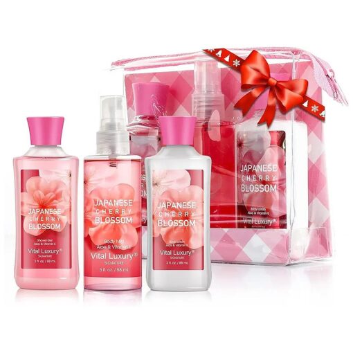 Vital Luxury Bath & Body Care Travel Set - Home Spa Set with Body Lotion, Shower Gel and Fragrance Mist, Valentines Day Gifts for Her and Him ( Japanese Cherry Blossom )