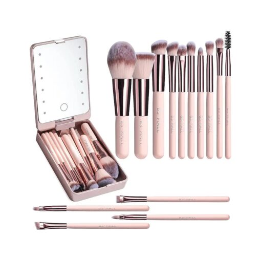 BS-MALL Travel Makeup Brush Set Foundation Powder Concealers Eye Shadows Makeup Set with LED light Mirror 14 Pcs Mini Makeup Brushes ( APINK )