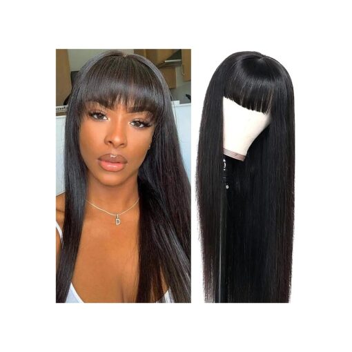 A ALIMICE Bang Wig Silky Straight Human Hair Wigs with Bangs None Lace Front Glueless Bang Wigs Machine Made Virgin Human Hair Wigs for Black Women Natural Color ( 150 % Density, 16 Inch )