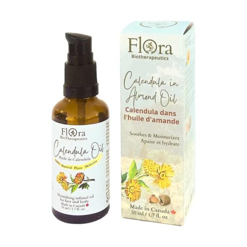 FLORA Organic Calendula Infused in Organic Sweet Almond Oil 100 % Pure and Natural Moisturizer for Dry Skin, Made in Canada, 1.7 fl.oz