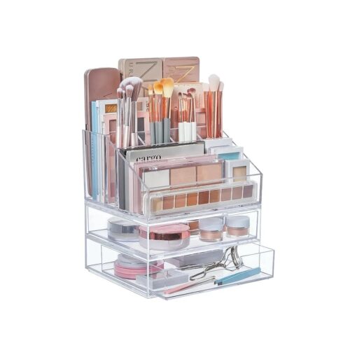 STORi Chloe Stackable Clear Makeup Holder and Double Organizer Drawer Set | Organize Cosmetics and Beauty Supplies | Made in USA