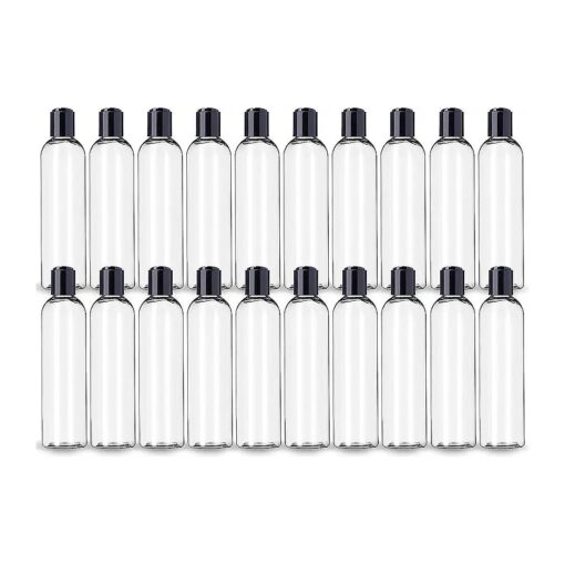 ljdeals 8 oz Clear Plastic Empty Bottles with Black Disc Top Caps, Refillable Containers for Shampoo, Lotions, Cream and More Pack of 20, BPA Free, Made in USA