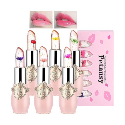 Petansy 6 Pack Crystal Jelly Flower Lipstick Set, Nutritious Temperature Change Lip Balm Long Lasting Moisturizer Lip Gloss Magic Color Change Lip Stick Set