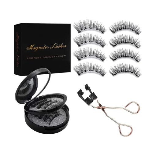 Magnetic Eyelashes, 4 Pairs 3D Reusable Magnetic Lashes, No Eyeliner & Glue Needed, Natural Look and Long Style Convenient Eyelashes Extension with Applicator Tweezers