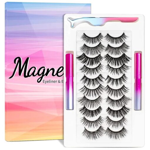 Magnetic Eyelashes Kit, Lashes Natural Look, Reusable False Eyelashes, Magnetic Eyelashes with Eyeliner, 2 Magnetic Eyeliners & Tweezers