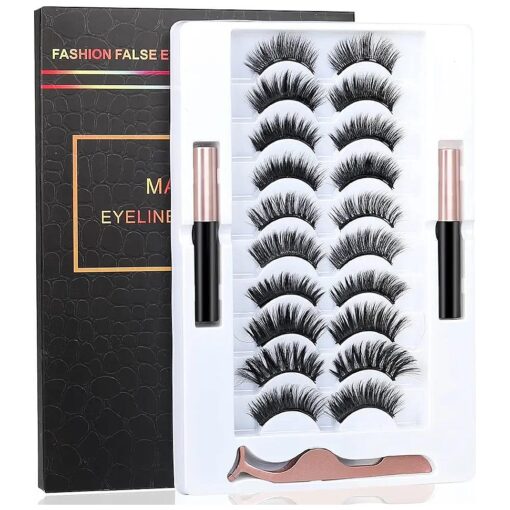 Upgrade 3D Natural Magnetic Eyelashes, Lightweight Magnetic Eyeliner and Eyelashes Kit, 2 Magnetic Eyeliners- No Glue Needed ( 10 pairs )