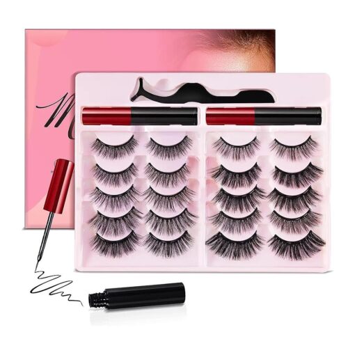 Magnetic Eyelashes with Magnetic Eyeliner Kit, Reusable Magnetic Lashes, 3D Natural Look False Eyelashes with Eyeliner and Tweezers, No Glue ( 10 Pairs ) ( Curl -4D )