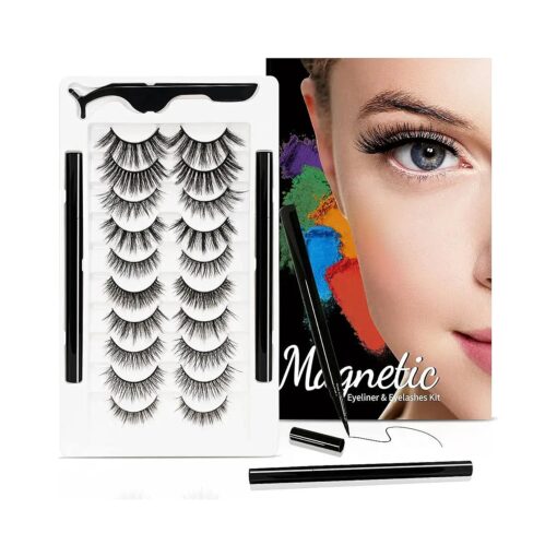 Magnetic Eyeliner with Eyelashes, Lashes Natural Look, Reusable False Eyelashes with 2 Magnetic Eyeliners & Tweezers - Easy to Wear