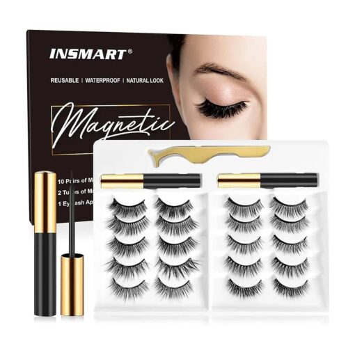 Magnetic Eyelashes with Magnetic Eyeliner Kit -10 Pairs Upgraded 3D 5D Magnetic Eyelashes Kit with Tweezers & 2 Tubes of Magnetic Eyeliner, Reusable, No Glue ( 10 Pairs )