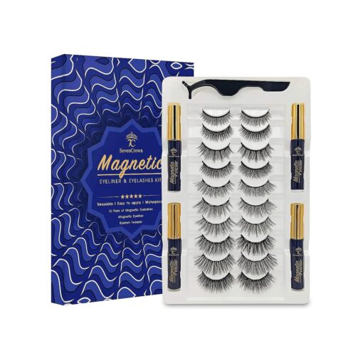 Magnetic Eyelashes Natural Look 7C SevenCrown Magnetic Lashes with Eyeliner - Updated Long-Lasting, Waterproof, Reusable 3D Medium False Lashes Easy to Apply.10 Pairs & 4 Tubes .