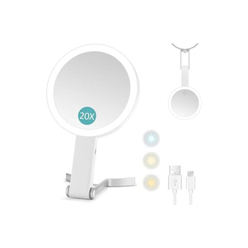 Magnifying Mirror with Light,20X Magnifying Makeup Mirror with Handheld, Travel Mirror with Lights and Magnification,3 Colors Desktop Mirror and Wall Mirror, Vanity Mirror with Lights 6 Inches