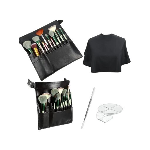 4 Pieces Makeup Artist Tools Include Professional Cosmetic Makeup Brush Bag with Artist Belt Strap, Hand Makeup Mixing Tray Clear Cosmetic Foundation Tray with Spatula, Salon Barber Makeup Cape Apron