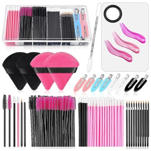 Disposable Makeup Applicators Kit with Makeup Puff Makeup Mixing Palette Makeup Artist Supplies Accessories Mascara Wands, Lip Brushes, Hair Clips Powder Puffs for Face with Storage Box