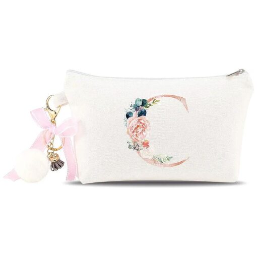 PARBEE Floral Initial Canvas Makeup Bag Zipper Cosmetic Pouch with Keychain, Monogrammed Gift for Girls Women Mom Teacher Birthday Valentine 's Day Mother 's Day Bridal Shower