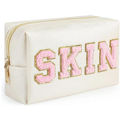 Preppy Makeup Bag, Synthetic Leather Patch Cosmetic Bag with SKIN Chenille Letter for Travel, Gift for Girlfriend or Wife, Present for Girls, Daughter, Sister and Mother