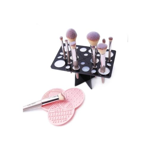 Makeup Brush Cleaning Mat & Makeup Brush Drying Rack, Diolan 28 Holes Makeup Brush Holder, Silicone Rubber Clover Shaped Mat Cleaner - Black & Pink