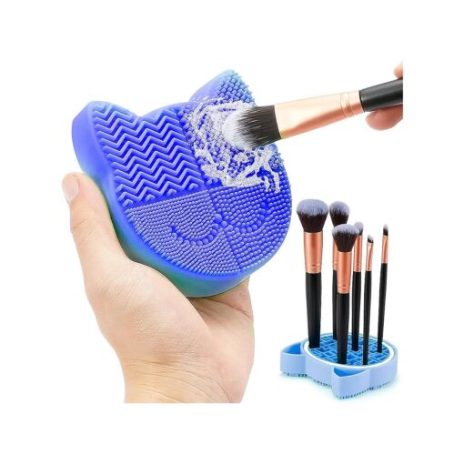 TailaiMei 2 in 1 Makeup Brush Cleaning Mat with Brush Drying Holder, Silicon Cat Shaped Brush Cleaner Pad include Cosmetic Brush Organizer Rack, Portable Washing Tool for Makeup ( Blue )