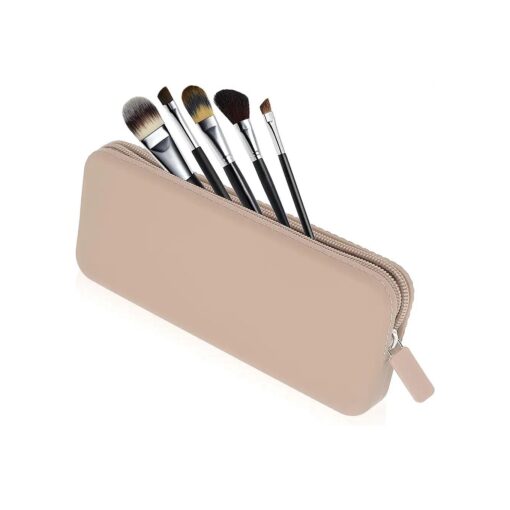 Sakolla Travel Makeup Brush Holder, Silicone Makeup Brush Bag with Zipper Closure, Makeup Brushes Organizer Case Washable Makeup Pouch Holder Case for Daily, Work, Essentials Khaki