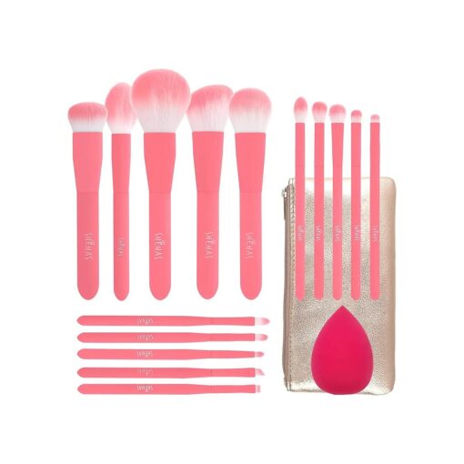 Makeup Brush Set for Powder, Foundation, Contour, Blush, Highlighter, Eyeshadow, Premium Synthetic Make Up Brush Set with Cosmetics Bag, Set of 15 & 1 Makeup Sponge, Pink